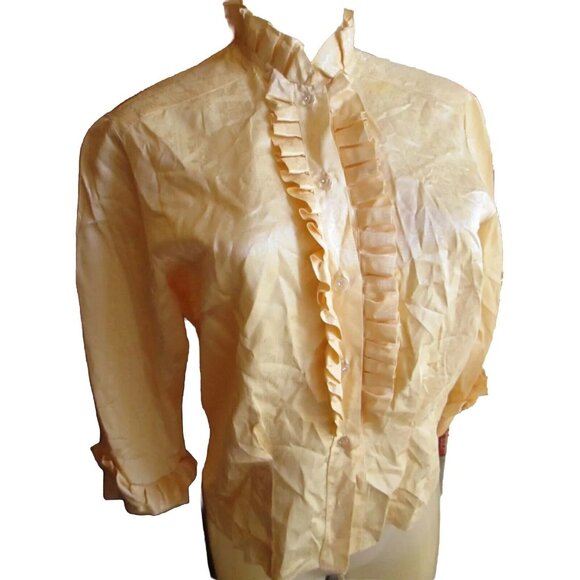 Vintage 1960's True Mod Blouse Yellow Ruffled With 3/4 Sleeves & High Neckline - Picture 5 of 9